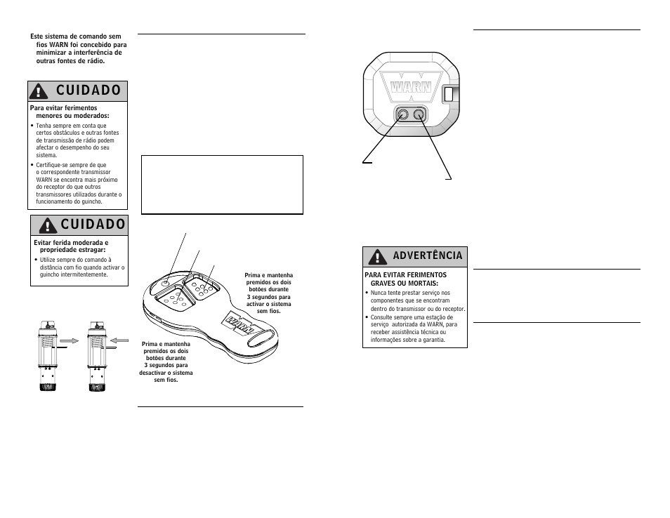 Advertência, Resolução de problemas, Funcionamento | Programação do receptor, Garantia, Referências das peças de substituição | WARN WIRELESS CONTROL SYSTEM 90287 User Manual | Page 41 / 42