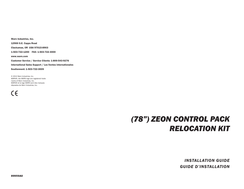 WARN ZEON CONTROL PACK RELOCATION KIT 78 User Manual | 8 pages