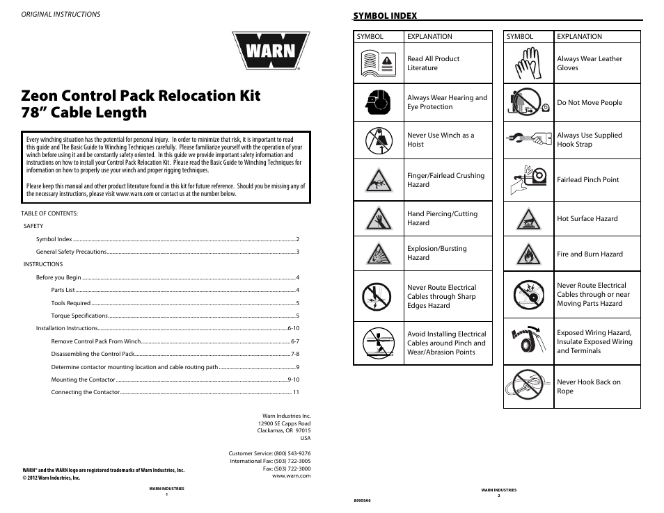 Zeon control pack relocation kit 78” cable length, Symbol index | WARN ZEON CONTROL PACK RELOCATION KIT 78 User Manual | Page 3 / 8