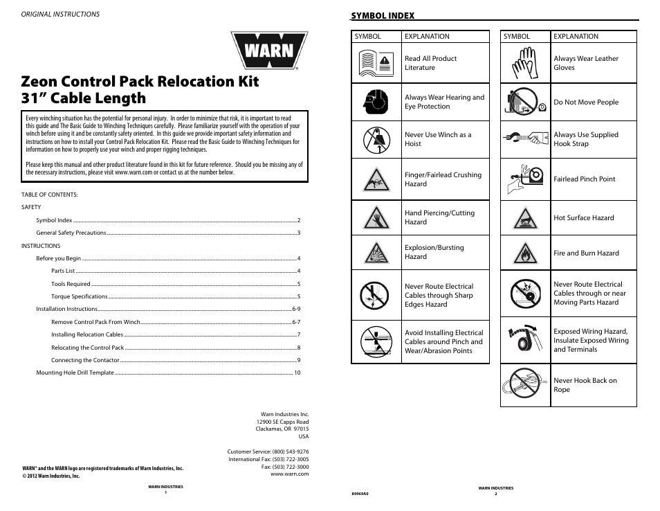 Zeon control pack relocation kit 31” cable length, Symbol index | WARN ZEON CONTROL PACK RELOCATION KIT 31 User Manual | Page 3 / 8