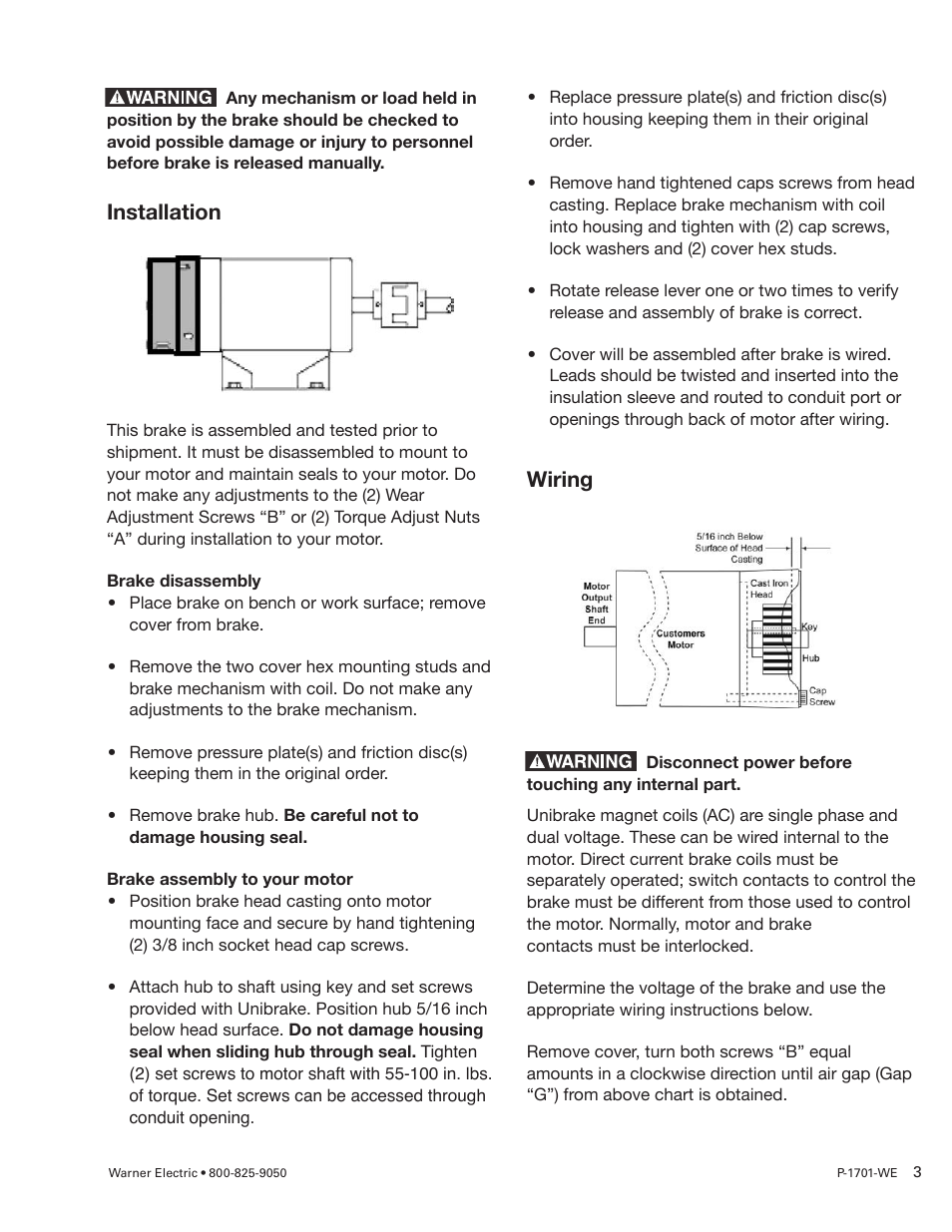 Wiring, Installation | Warner Electric UNIBRAKE NEMA 4 User Manual | Page 3 / 6
