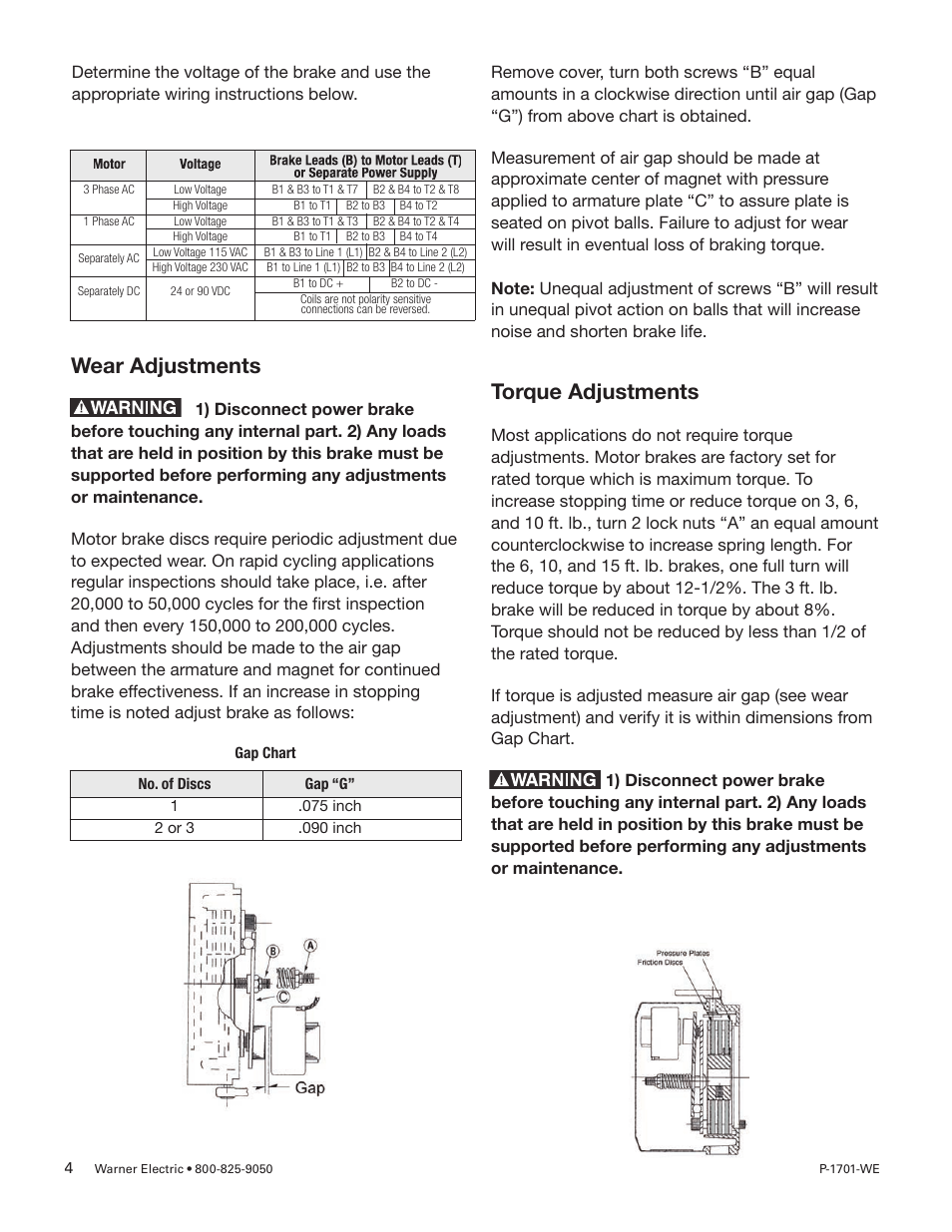 Torque adjustments, Wear adjustments | Warner Electric UNIBRAKE NEMA 4 User Manual | Page 4 / 6