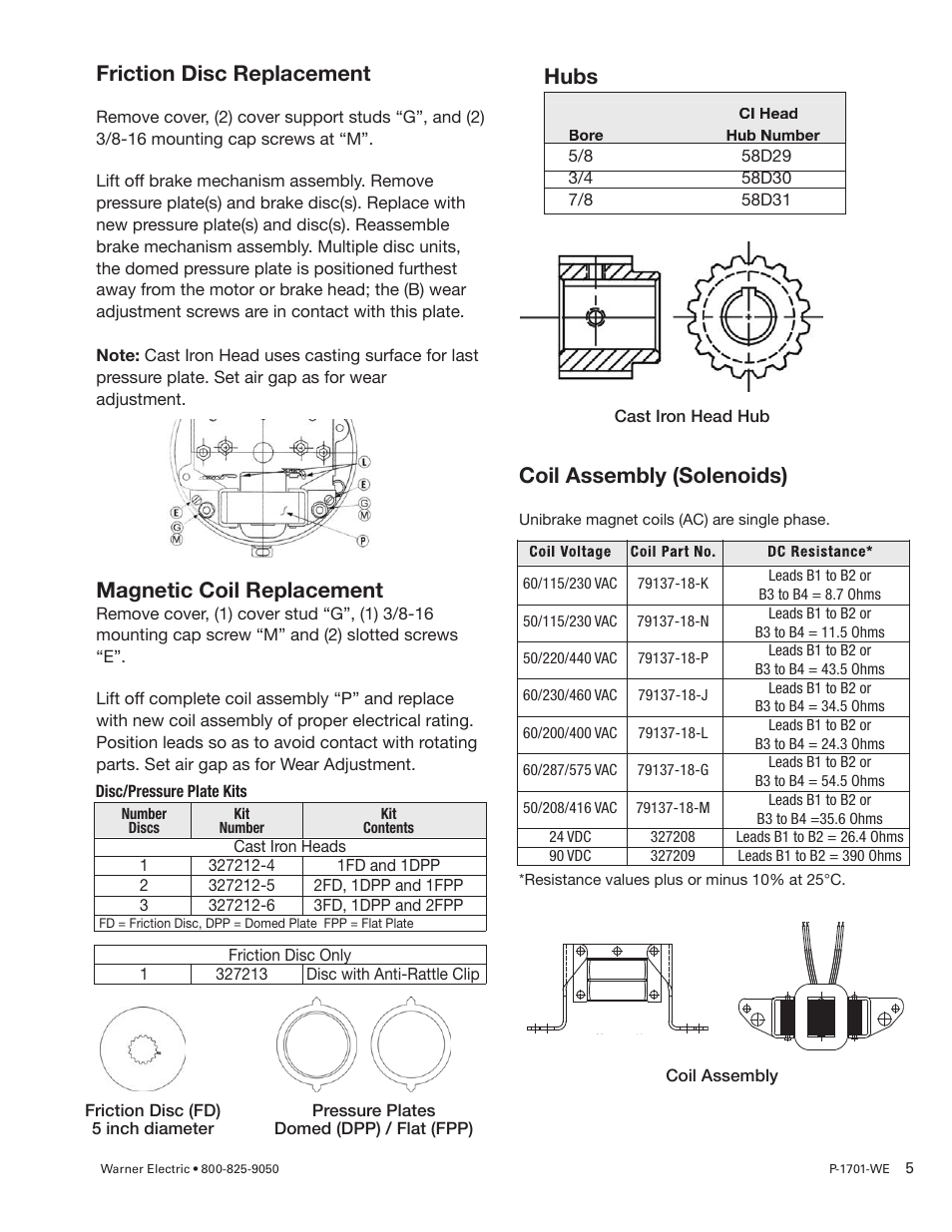 Friction disc replacement, Magnetic coil replacement, Coil assembly (solenoids) | Hubs | Warner Electric UNIBRAKE NEMA 4 User Manual | Page 5 / 6