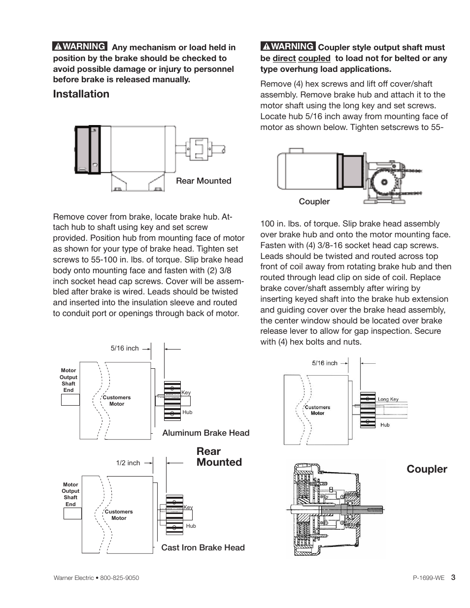 Coupler, Installation, Rear mounted | Warner Electric UNIBRAKE User Manual | Page 3 / 8