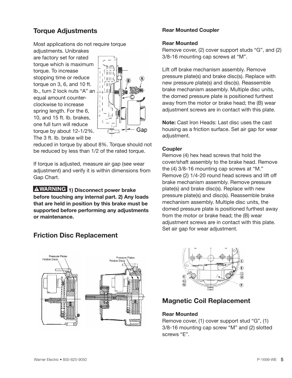 Torque adjustments, Friction disc replacement, Magnetic coil replacement | Warner Electric UNIBRAKE User Manual | Page 5 / 8