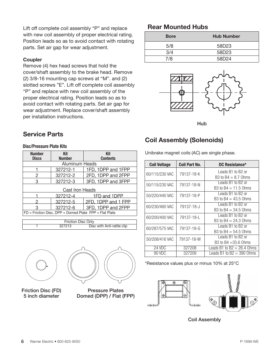 Service parts, Coil assembly (solenoids), Rear mounted hubs | Warner Electric UNIBRAKE User Manual | Page 6 / 8