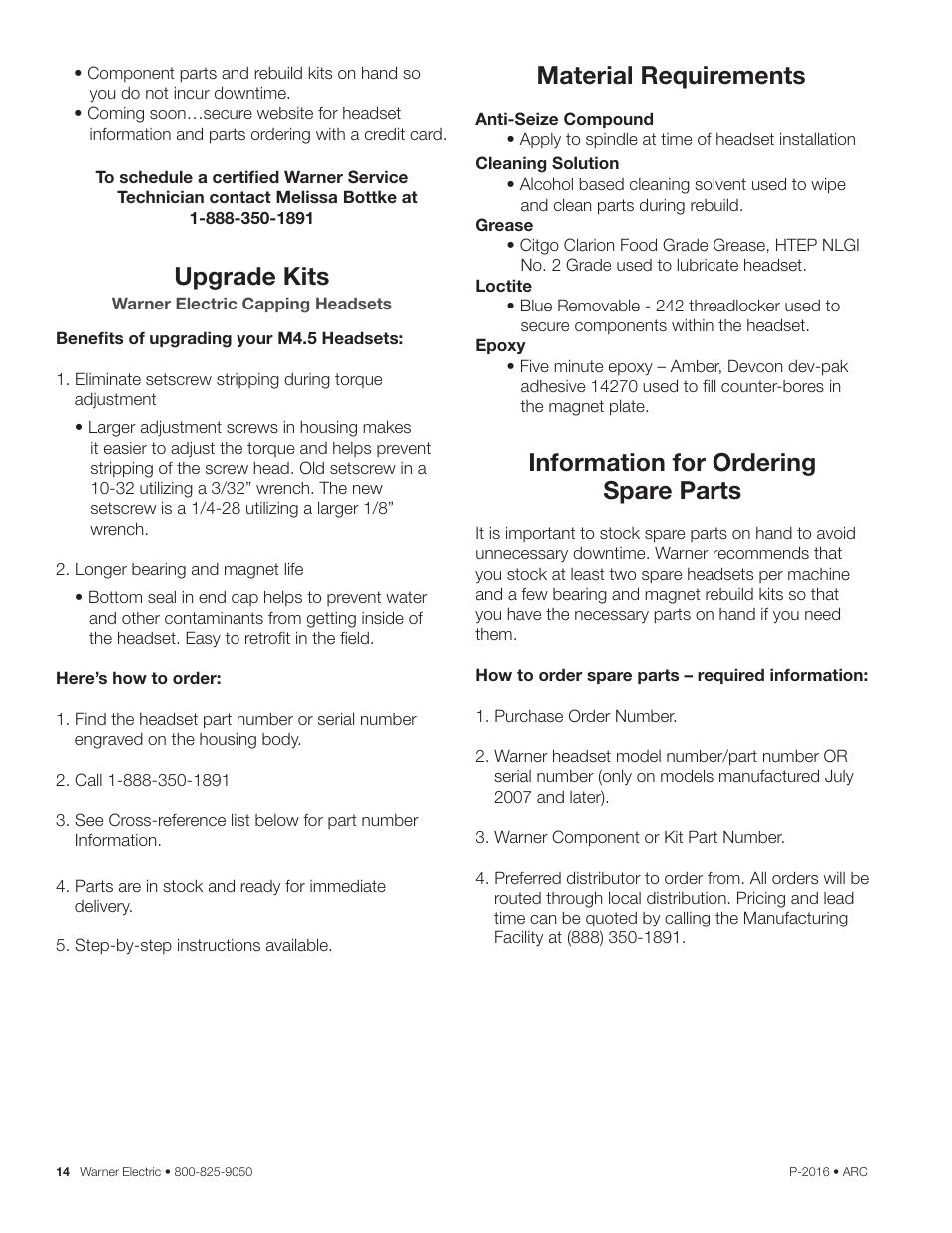 Upgrade kits, Material requirements, Information for ordering spare parts | Warner Electric ARC 2000 User Manual | Page 14 / 16