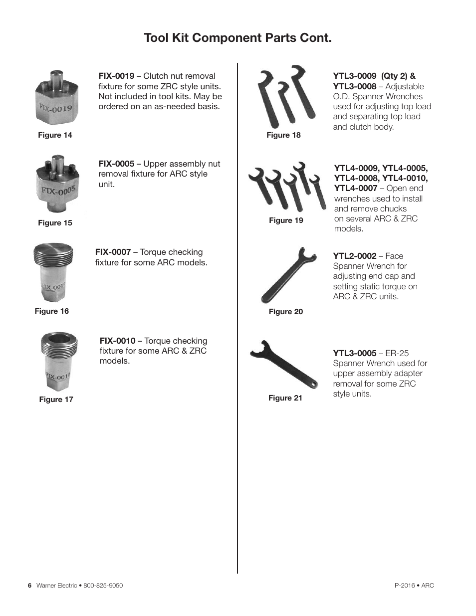 Tool kit component parts cont | Warner Electric ARC 2000 User Manual | Page 6 / 16