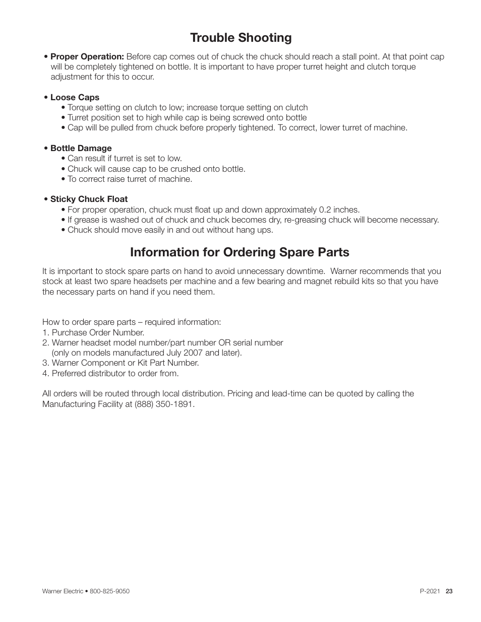 Trouble shooting, Information for ordering spare parts | Warner Electric Dairy Cap Chuck User Manual | Page 23 / 24