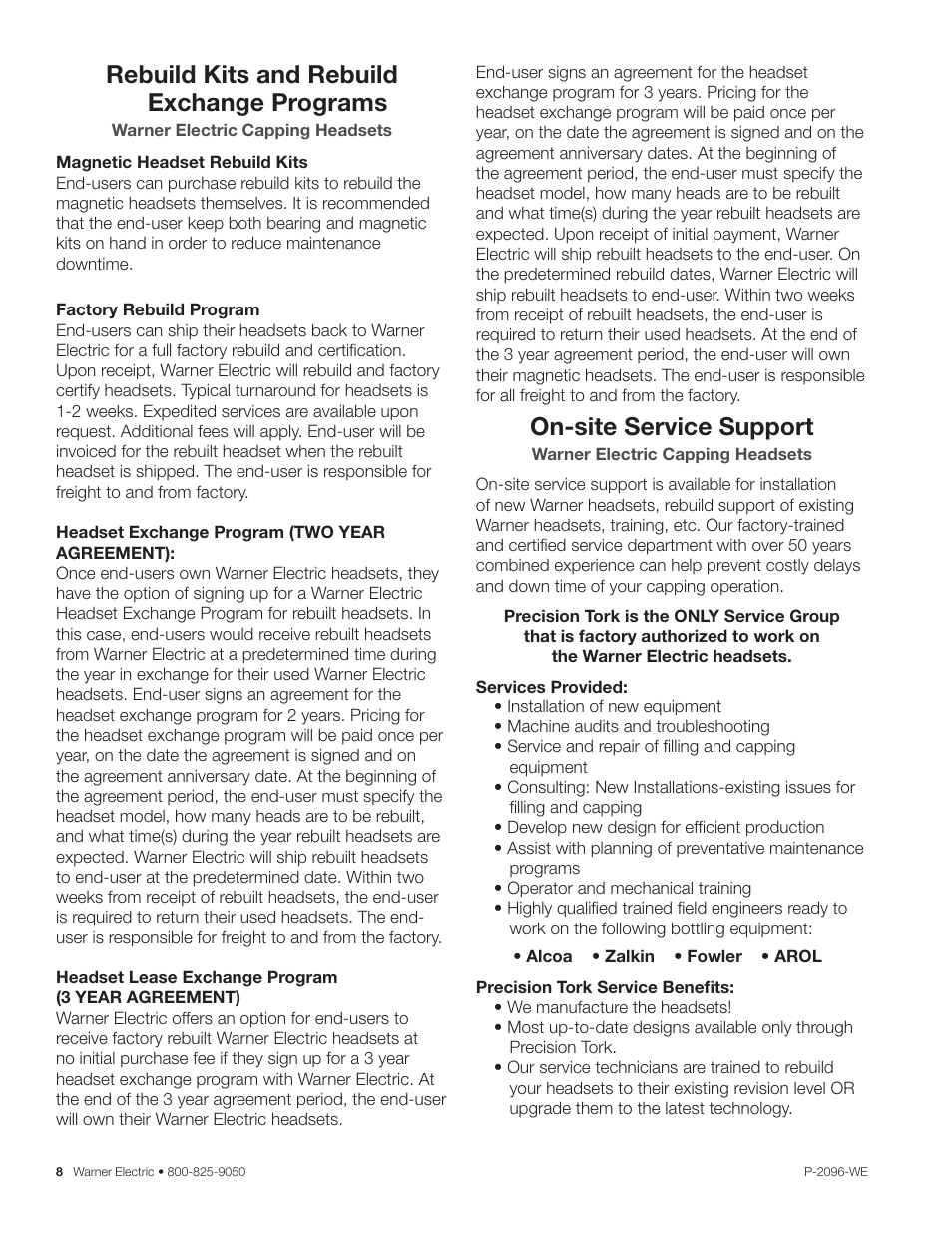 Rebuild kits and rebuild exchange programs, On-site service support | Warner Electric Dairy Capping Headsets User Manual | Page 8 / 10
