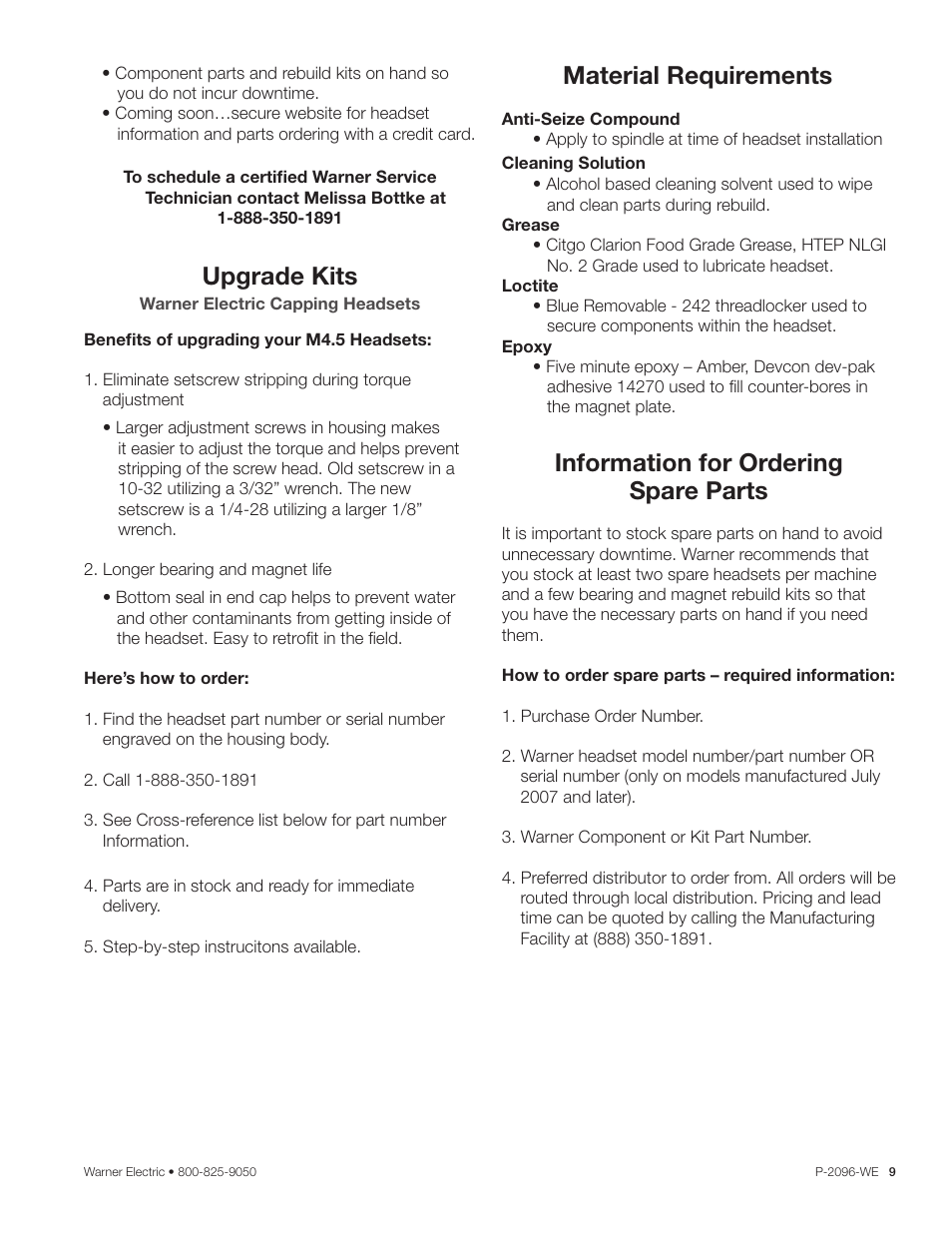 Upgrade kits, Material requirements, Information for ordering spare parts | Warner Electric Dairy Capping Headsets User Manual | Page 9 / 10