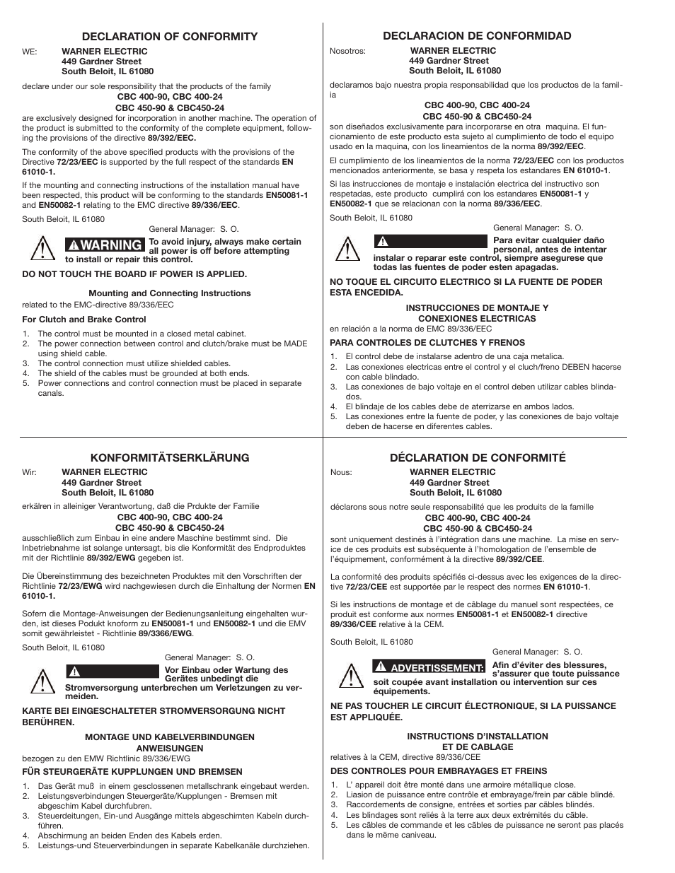 Déclaration de conformité, Declaracion de conformidad, Konformitätserklärung | Declaration of conformity | Warner Electric CBC-450 User Manual | Page 52 / 56