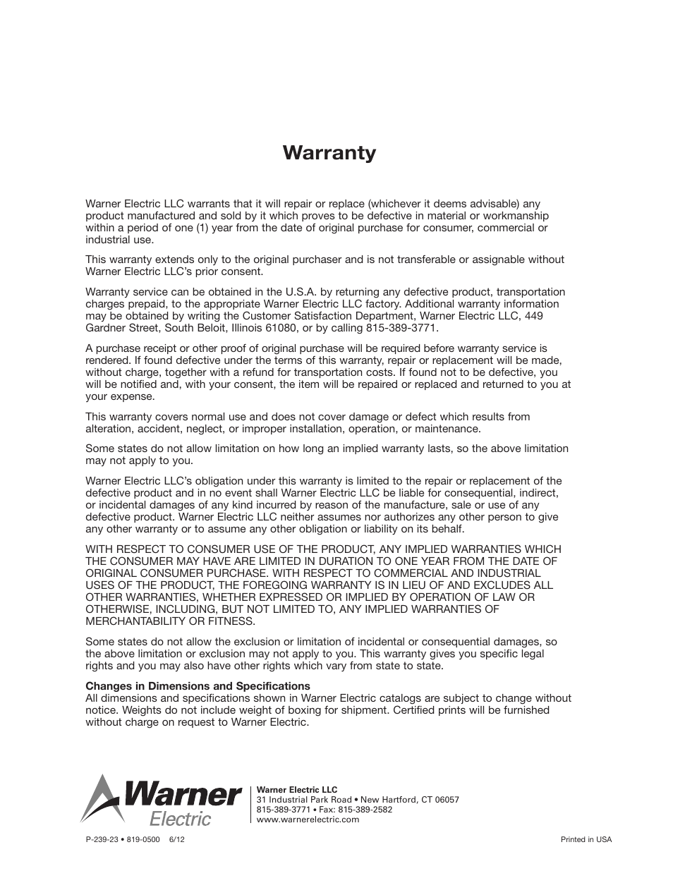 Warranty | Warner Electric CBC-450 User Manual | Page 56 / 56