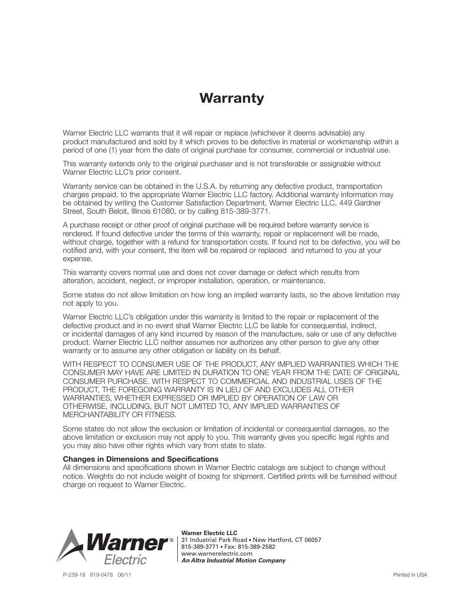 Warranty | Warner Electric MCS-103-1 User Manual | Page 4 / 4