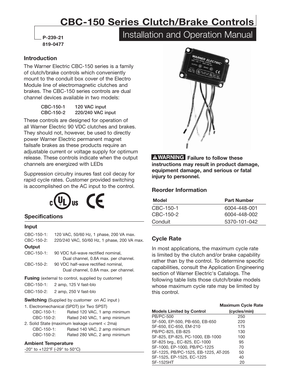 Warner Electric CBC-150 User Manual | 4 pages