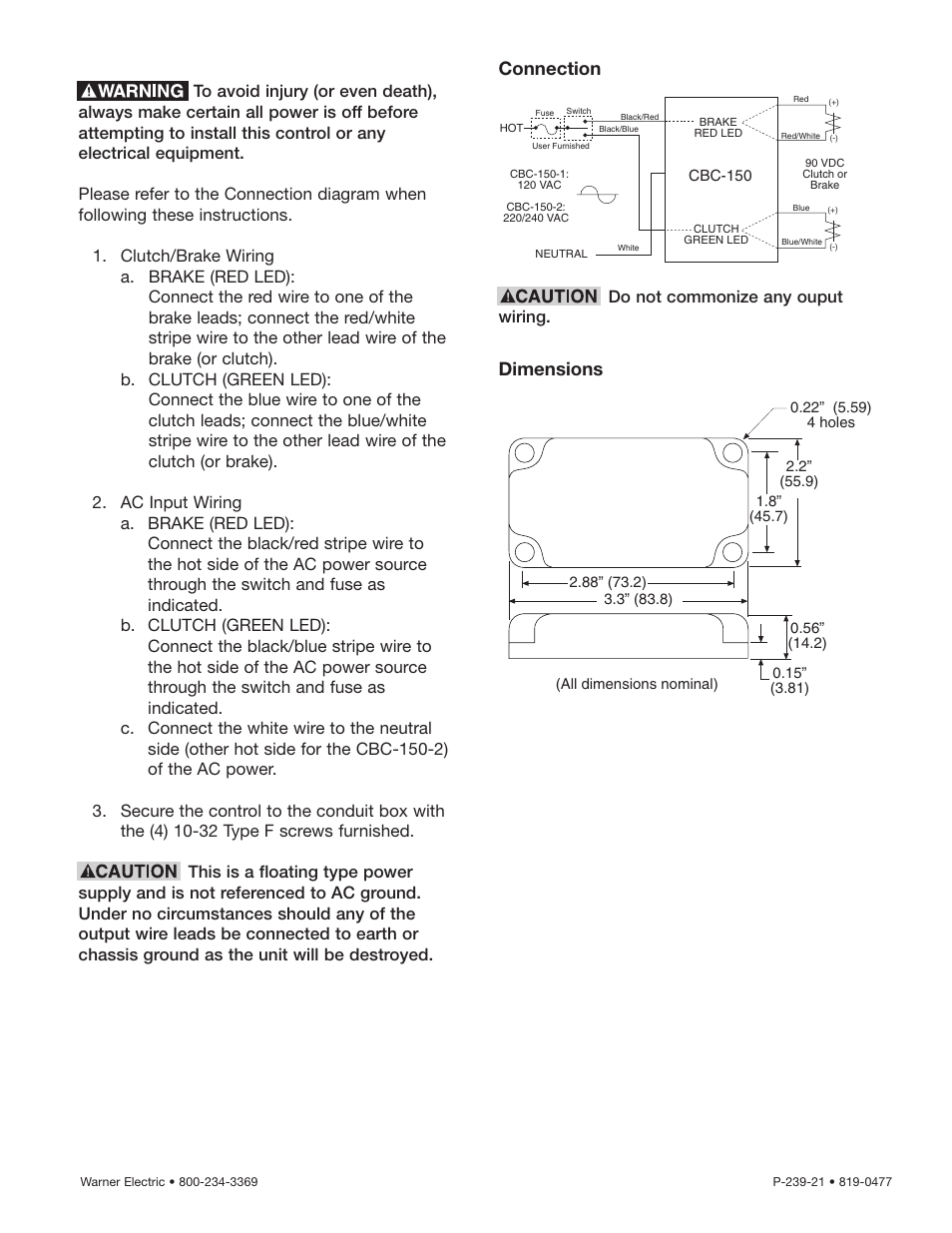 Connection, Dimensions | Warner Electric CBC-150 User Manual | Page 2 / 4