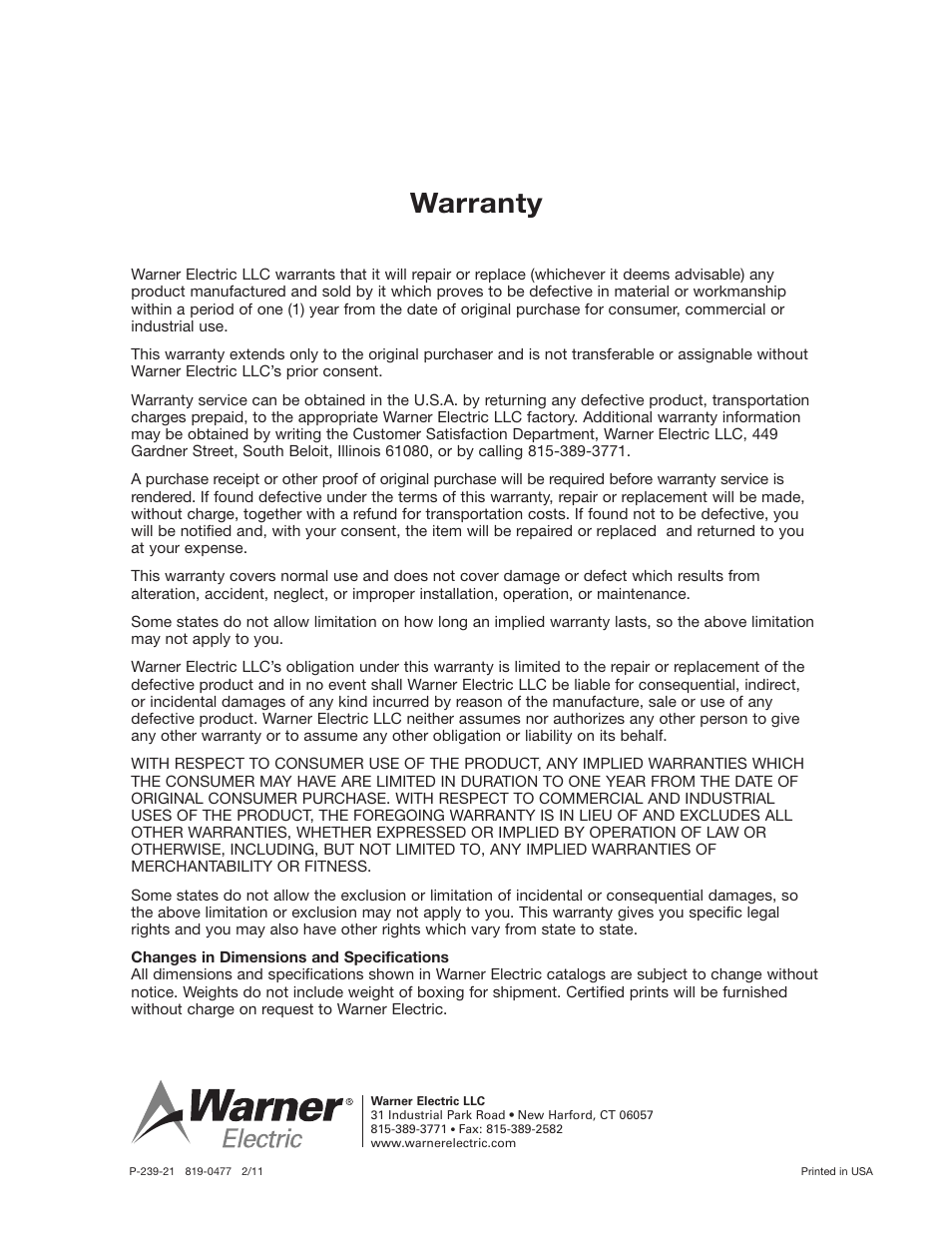 Warranty | Warner Electric CBC-150 User Manual | Page 4 / 4