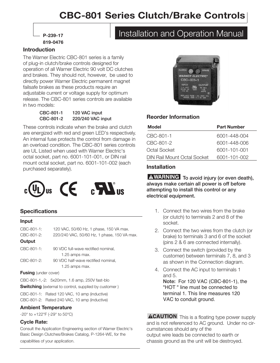 Warner Electric CBC-801 User Manual | 4 pages