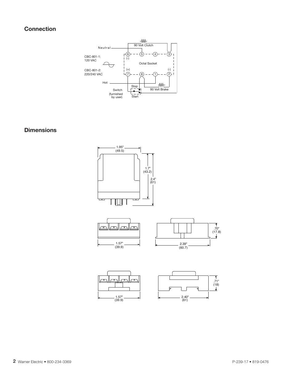 Connection, Dimensions | Warner Electric CBC-801 User Manual | Page 2 / 4