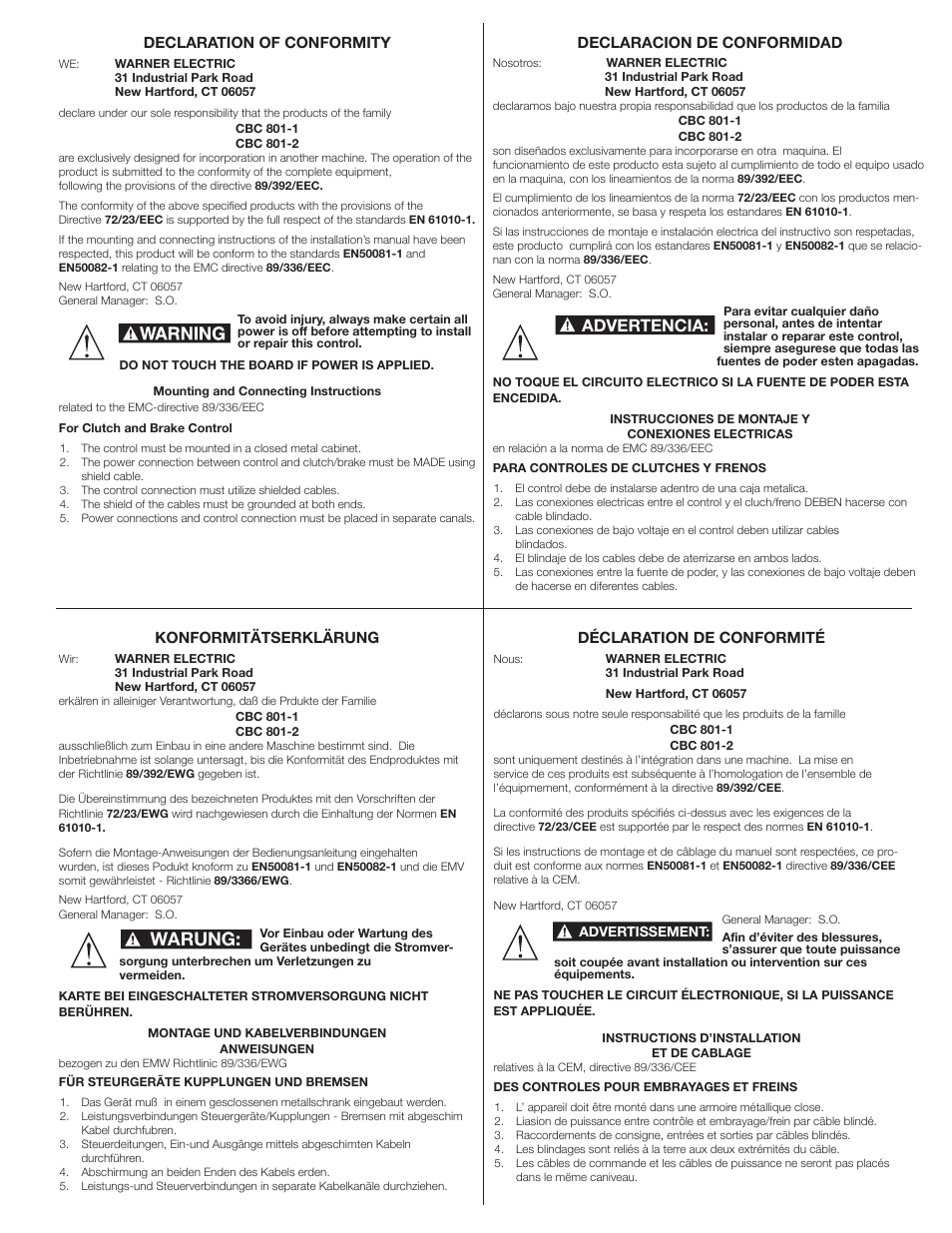 Warung, Advertencia | Warner Electric CBC-801 User Manual | Page 3 / 4