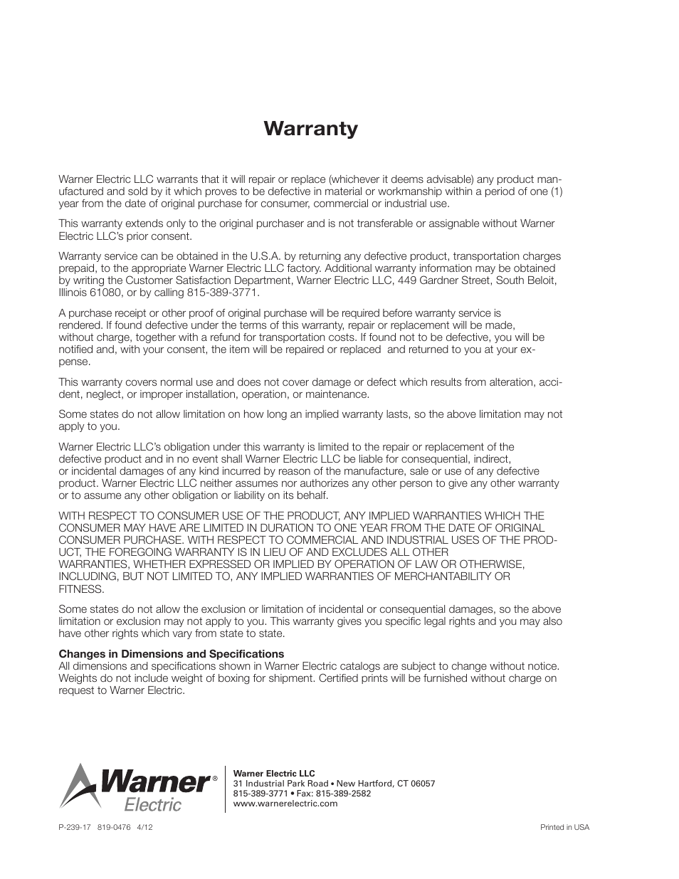 Warranty | Warner Electric CBC-801 User Manual | Page 4 / 4