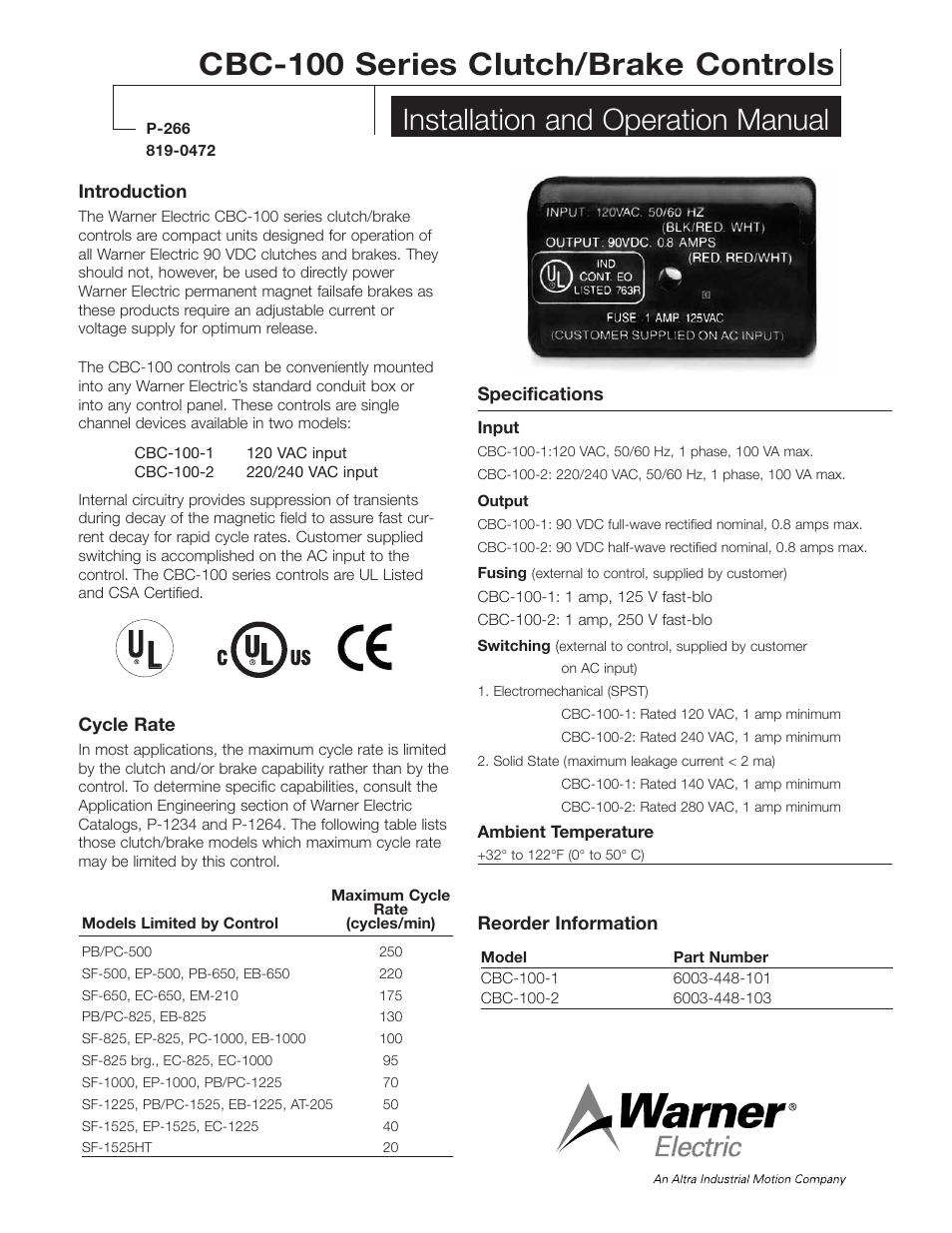 Warner Electric CBC-100 User Manual | 4 pages