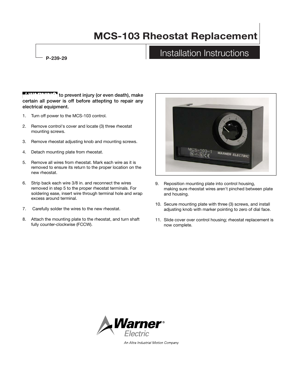 Warner Electric MCS-103 Rheostat Replacement User Manual | 2 pages