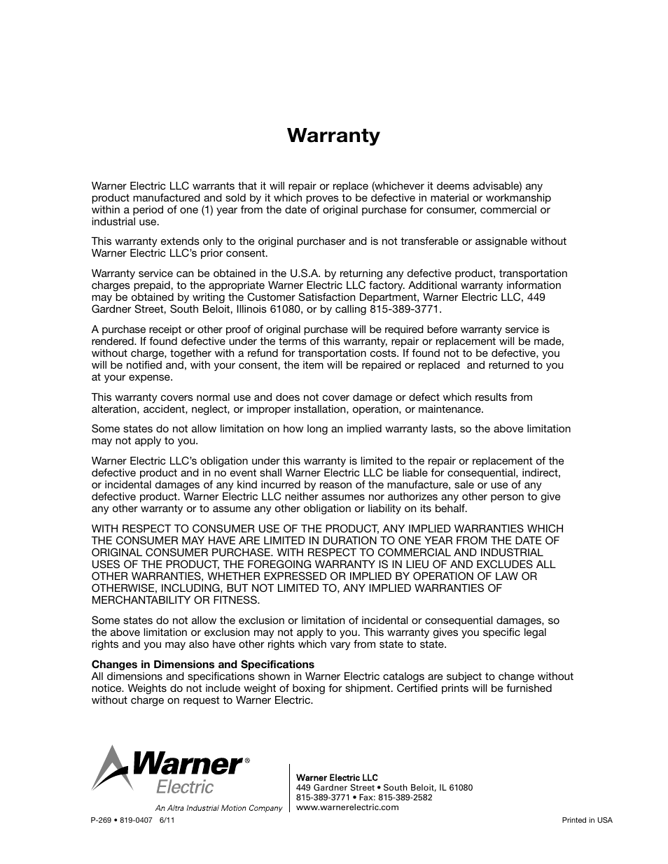 Warranty | Warner Electric CBC-200C Single User Manual | Page 14 / 14