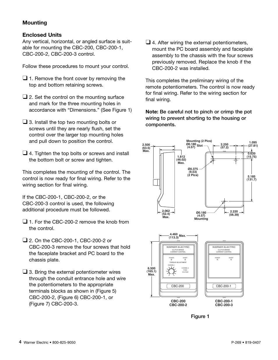 Mounting enclosed units, For the cbc-200-2 remove the knob from the control | Warner Electric CBC-200C Single User Manual | Page 4 / 14
