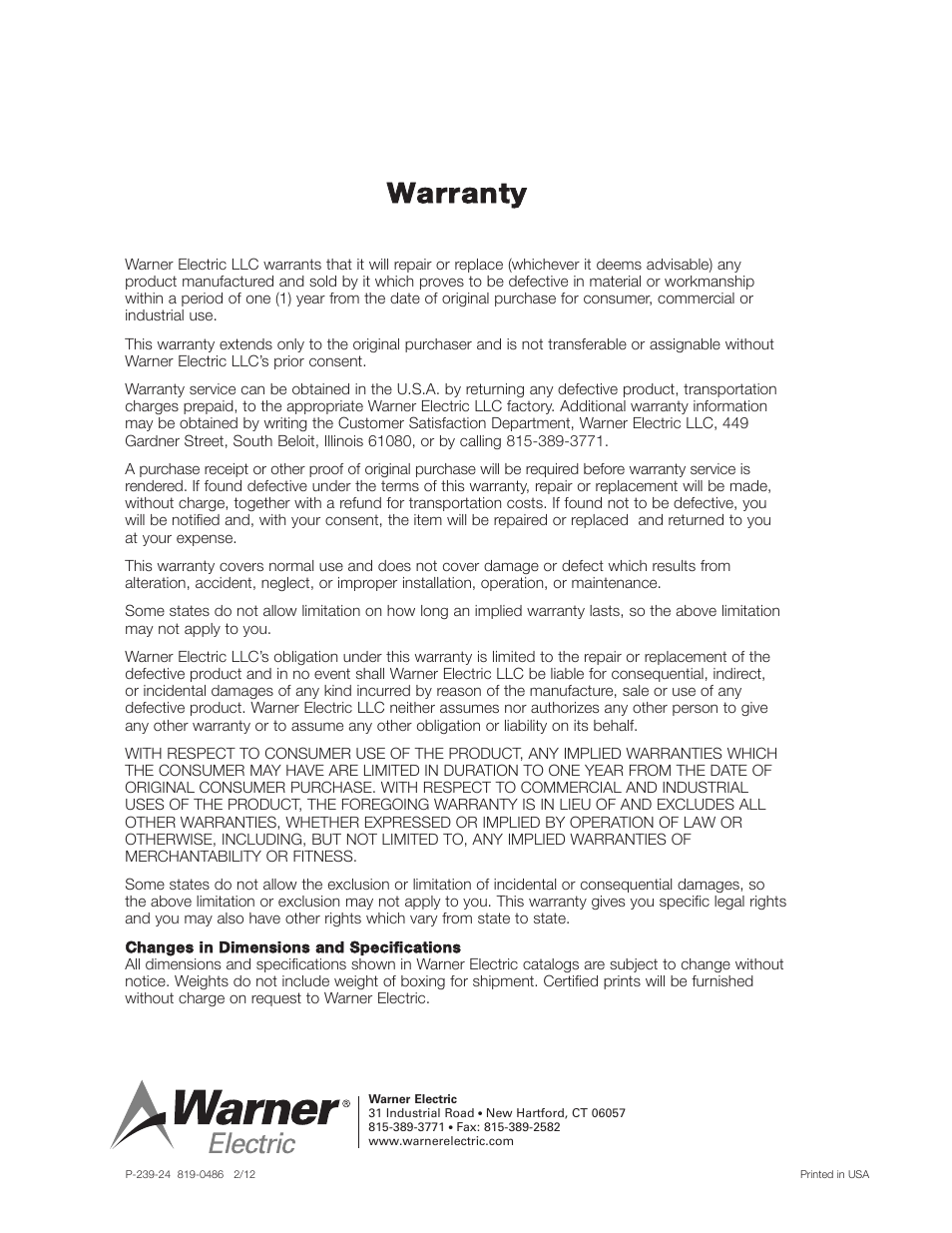 Warranty | Warner Electric CBC-550 User Manual | Page 10 / 10