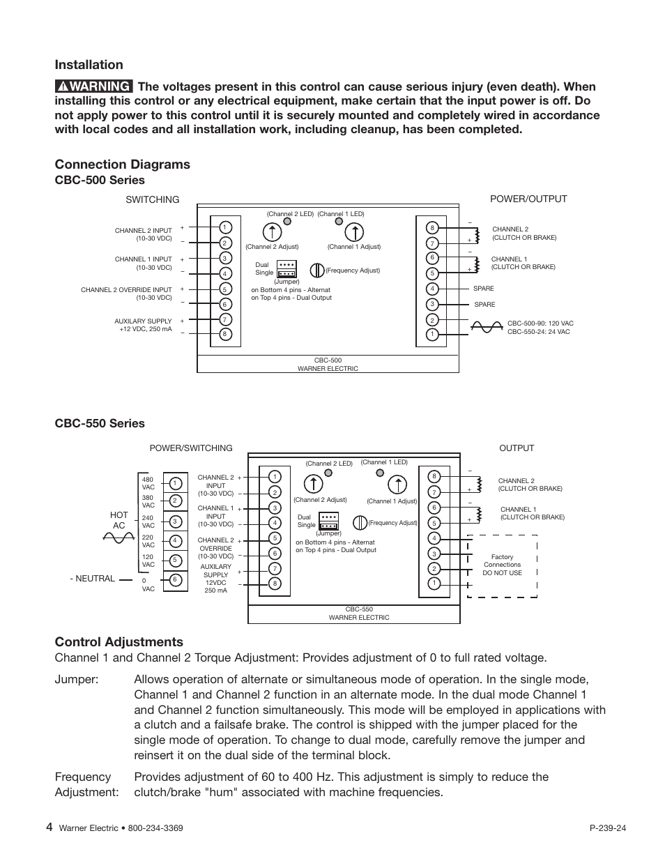 Installation, Connection diagrams, Control adjustments | Cbc-500 series, Cbc-550 series | Warner Electric CBC-550 User Manual | Page 4 / 10