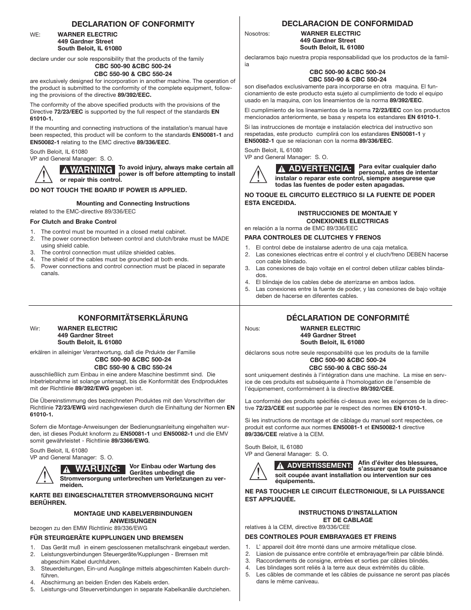 Warung, Advertencia | Warner Electric CBC-550 User Manual | Page 8 / 10