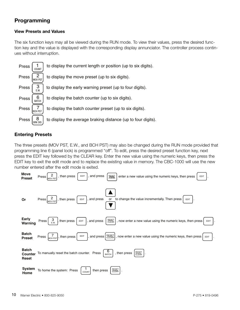 Programming, Entering presets | Warner Electric CBC-1000 User Manual | Page 12 / 28