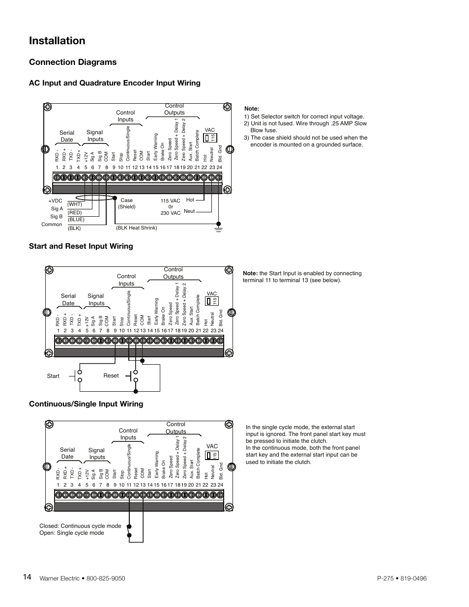 Installation, Connection diagrams, Ac input and quadrature encoder input wiring | Warner Electric CBC-1000 User Manual | Page 16 / 28