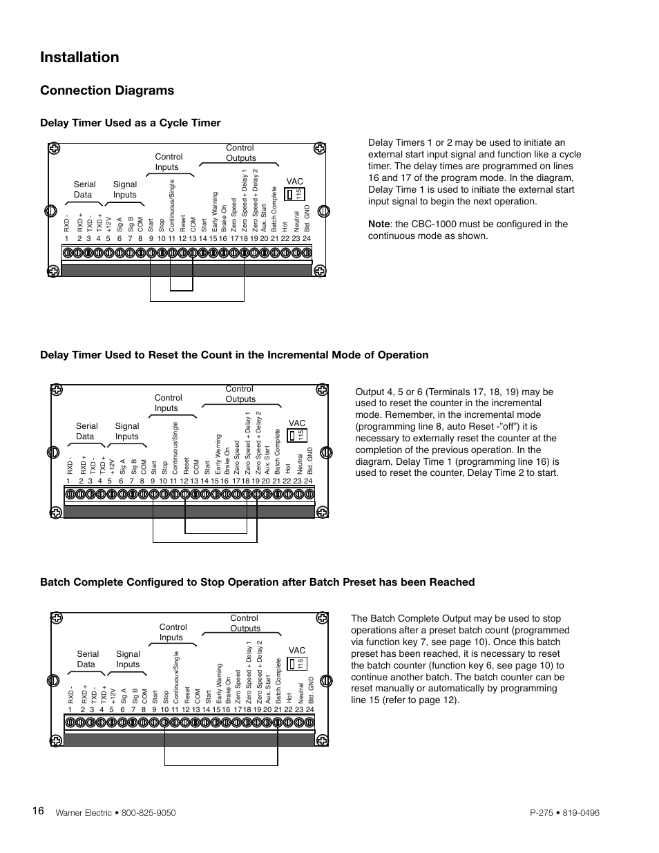 Installation, Connection diagrams, Delay timer used as a cycle timer 16 | Warner Electric CBC-1000 User Manual | Page 18 / 28