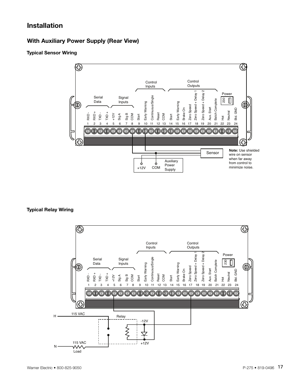 Installation, With auxiliary power supply (rear view), Typical sensor wiring | Typical relay wiring | Warner Electric CBC-1000 User Manual | Page 19 / 28