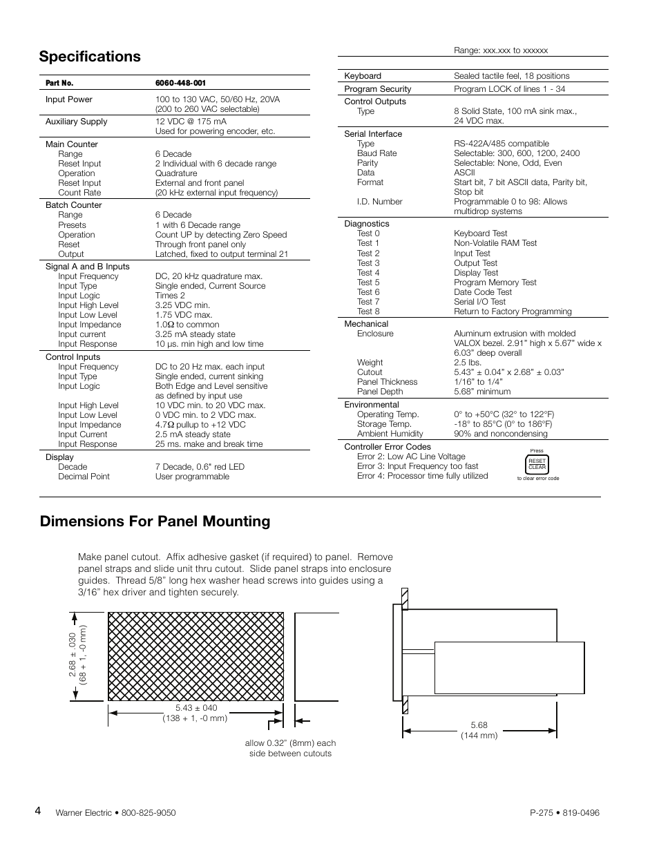 Specifications, Dimensions for panel mounting | Warner Electric CBC-1000 User Manual | Page 6 / 28