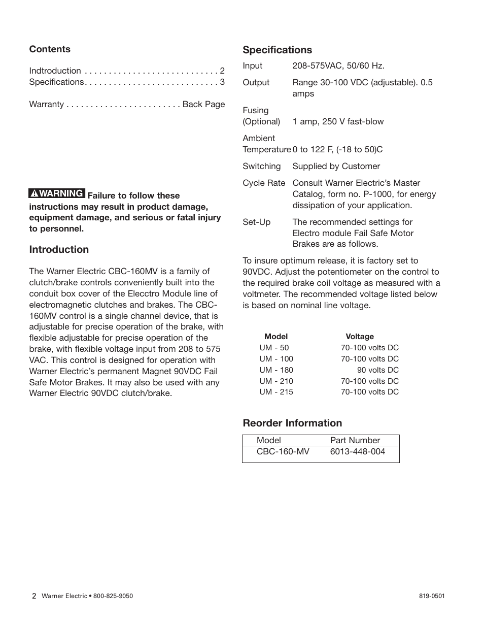 Specifications, Reorder information, Introduction | Warner Electric CBC-160-MV User Manual | Page 2 / 4