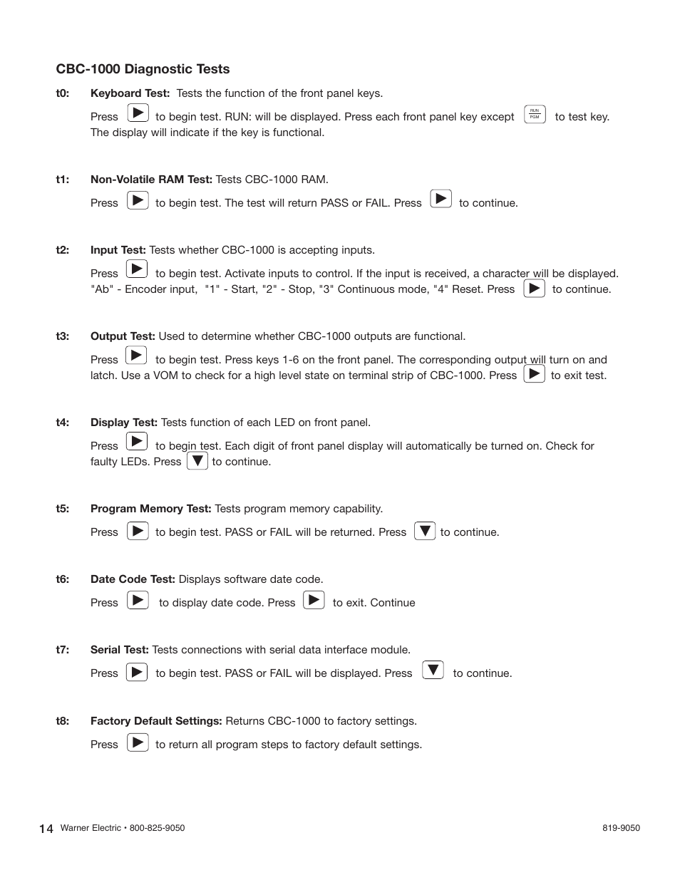 Cbc-1000 diagnostic tests | Warner Electric CBC-1550AHFC User Manual | Page 14 / 22