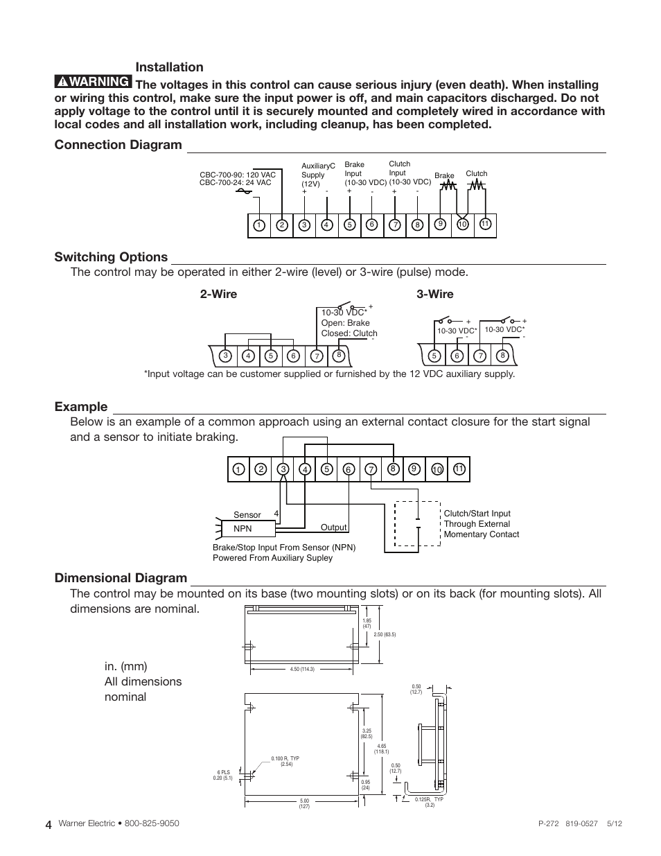 Installation, Connection diagram switching options, Example | Dimensional diagram | Warner Electric CBC-700 User Manual | Page 4 / 8