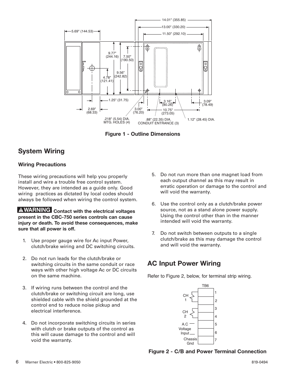 System wiring, Ac input power wiring, Figure 2 - c/b and power terminal connection | Wiring precautions, Figure 1 - outline dimensions | Warner Electric CBC-750 User Manual | Page 6 / 16