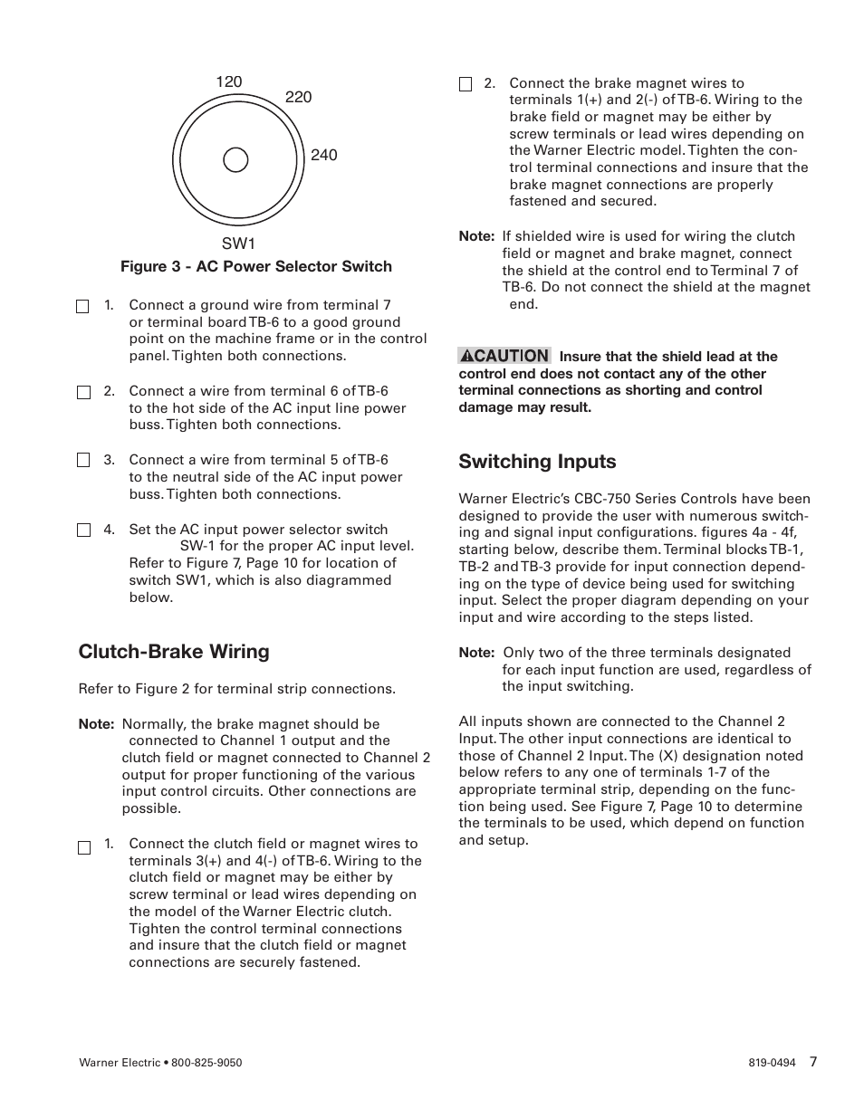 Clutch-brake wiring, Switching inputs | Warner Electric CBC-750 User Manual | Page 7 / 16