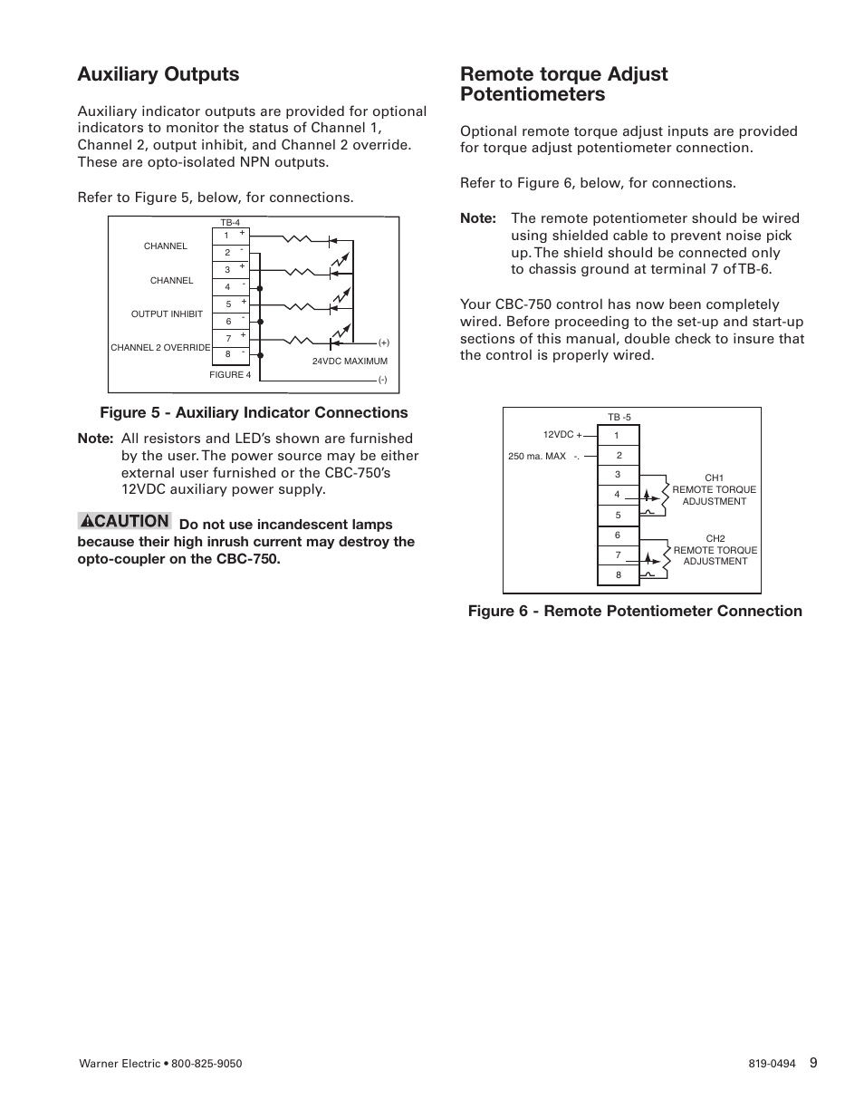 Auxiliary outputs, Remote torque adjust potentiometers, Figure 5 - auxiliary indicator connections | Figure 6 - remote potentiometer connection | Warner Electric CBC-750 User Manual | Page 9 / 16