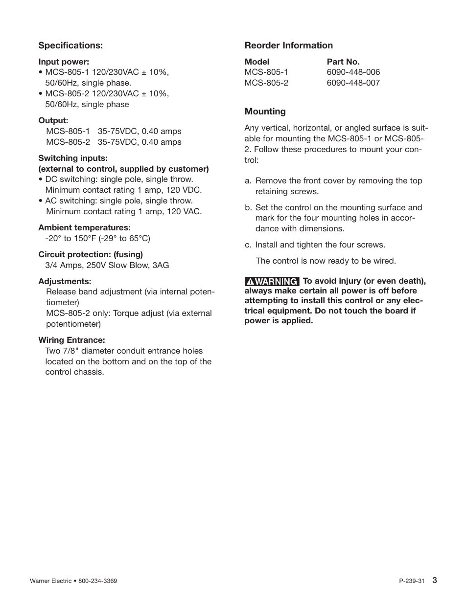 Warner Electric MCS-805 User Manual | Page 3 / 6