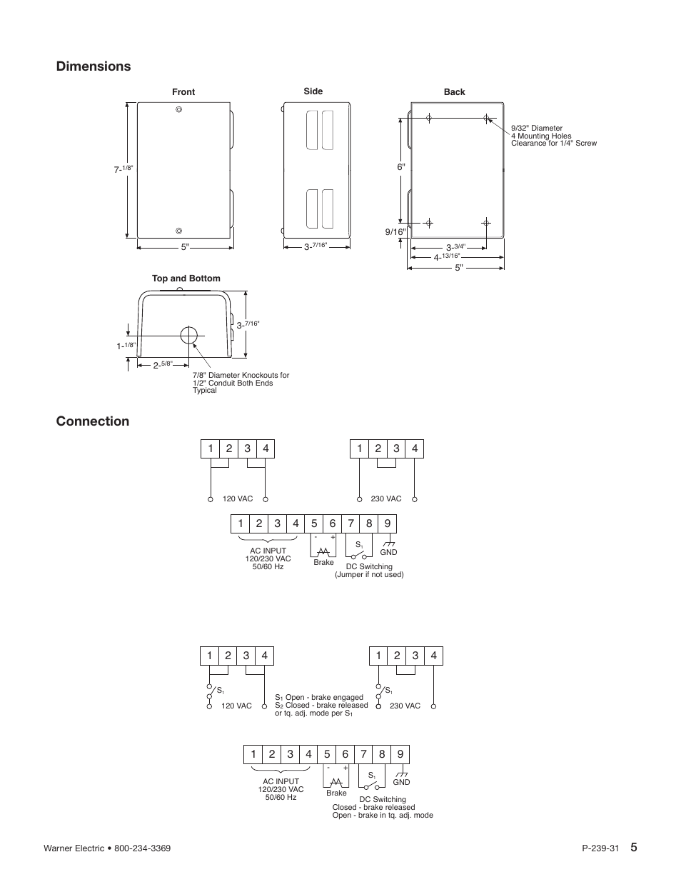 Dimensions, Connection | Warner Electric MCS-805 User Manual | Page 5 / 6