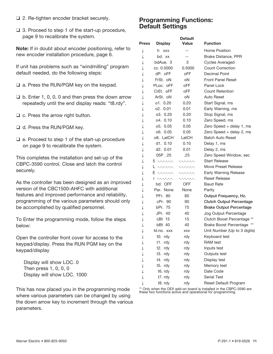 Programming functions: default settings | Warner Electric CBPC-3590 User Manual | Page 11 / 22