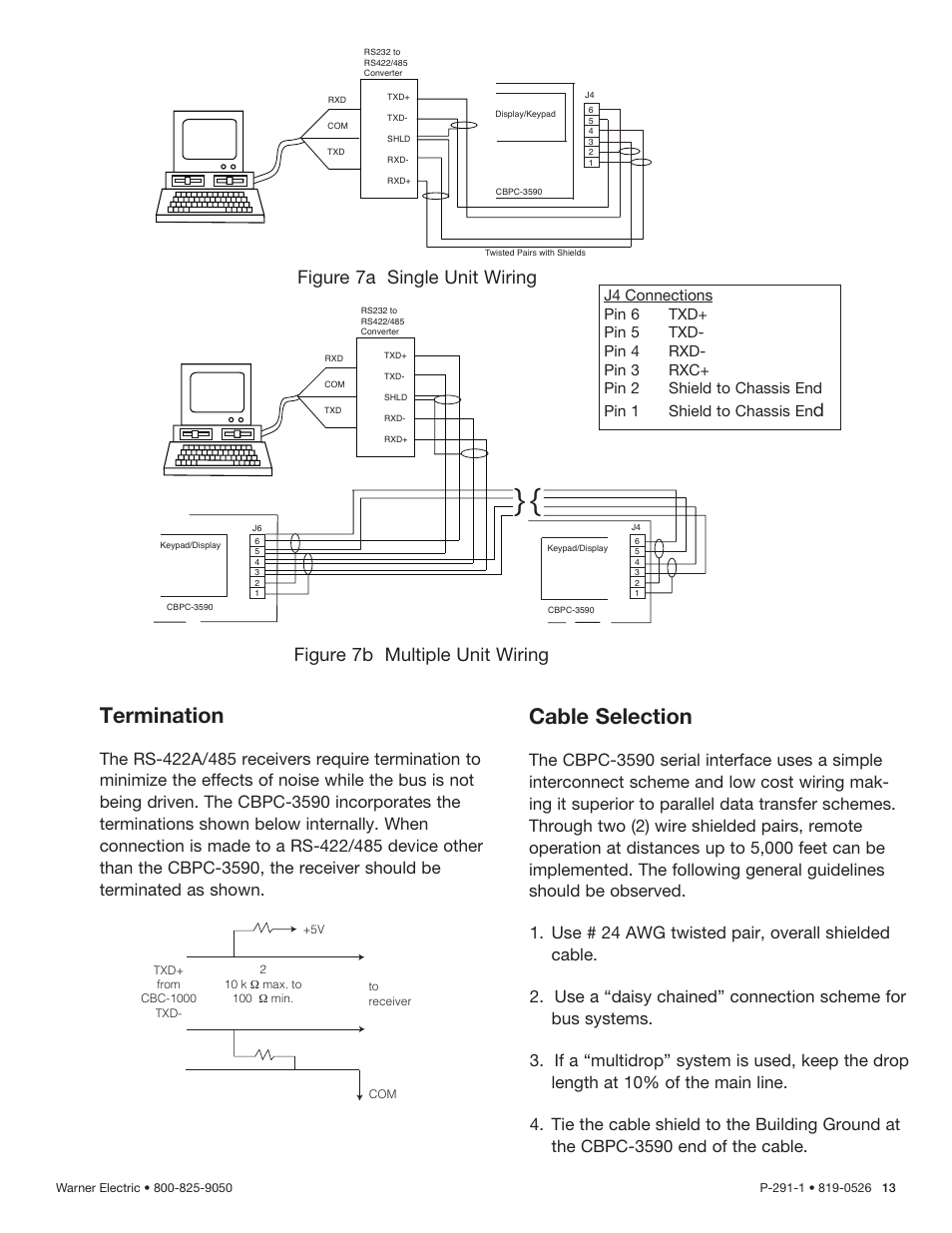 Termination, Cable selection, Figure 7b multiple unit wiring | Figure 7a single unit wiring | Warner Electric CBPC-3590 User Manual | Page 13 / 22