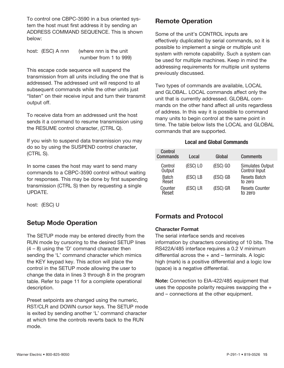 Remote operation, Formats and protocol, Setup mode operation | Warner Electric CBPC-3590 User Manual | Page 15 / 22