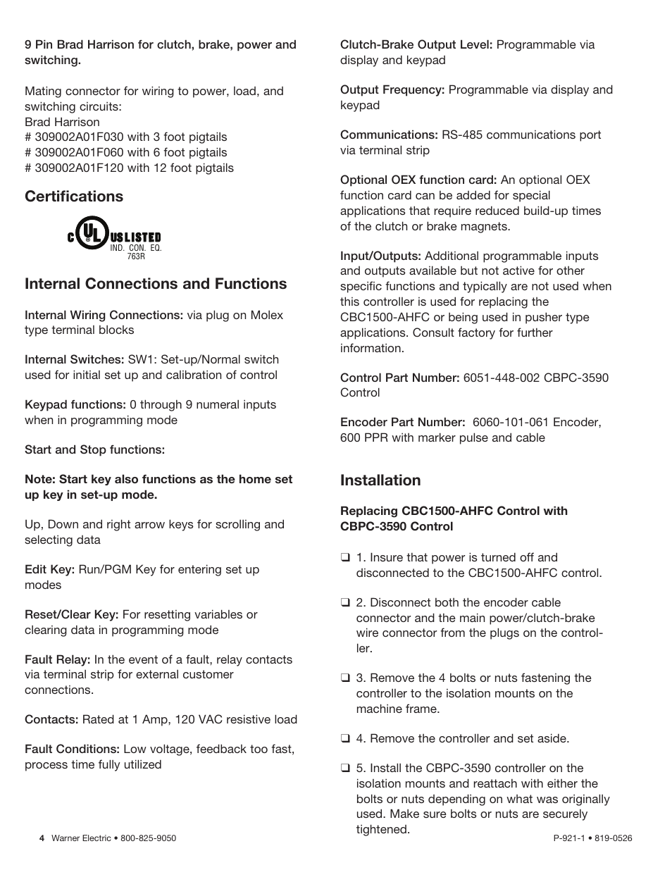 Certifications internal connections and functions, Installation | Warner Electric CBPC-3590 User Manual | Page 4 / 22