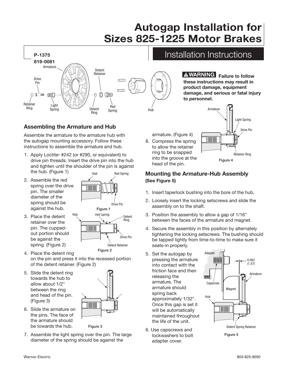 Warner Electric Autogap 825-1225 User Manual | 2 pages